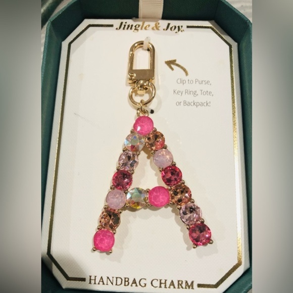 Beautiful gold plated Pink bejeweled gemstone A monogram bag purse key chain new - Picture 4 of 13